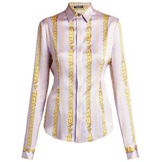 This Stretch Silk Blouse Features A Tailored Silhouette With A Bright Chain Print. Point Collar Long Sleeves Button Cuffs Concealed Button Placket 94% Silk/6% Elastane Dry Clean Orchid Gold Made In Italy Elegant Purple Silk Blouse, Gold Luxury Blouse For Formal Occasions, Designer Gold Blouse For Formal Occasions, Formal Purple Blouse With Button Closure, Elegant Purple Shirt For Party, Elegant Purple Party Shirt, Chic Formal Purple Shirt, Elegant Purple Shirt For Workwear, Elegant Purple Shirt For Office