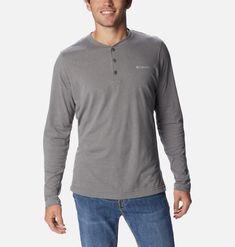 A classic long-sleeve Henley that’s both sweat-wicking and lightweight to keep you dry and cool when things heat up. Wear it for comfort on any adventure. Cheap Men's Crew Neck Henley, Men's Cotton Henley, Moisture-wicking Long Sleeve Hoodie For Hiking, Outdoor Long Sleeve Moisture-wicking T-shirt, Parka Vest, Gray Long Sleeve Moisture-wicking T-shirt, Sweatshirt Short Sleeve, Columbia Sportswear, Vest Shirt