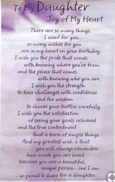 a poem written in purple ink on white paper with the words to my daughter, joy of my heart