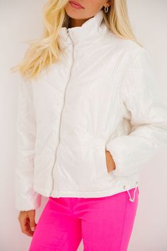 Stay warm and stylish in the BOW SEASON PUFFER JACKET! Featuring a playful pink bow adorned with silver stars, this jacket will keep you cozy and on trend. Don't let the cold weather cramp your style - embrace it with this quirky and fun jacket! All orders are currently shipping within 14 business days. To receive item quicker, expedited shipping is available at checkout. Fall Snow Outerwear With Long Sleeves, Long Sleeve Outerwear For Snow In Fall, Winter White Nylon Outerwear For Fall, Casual Outerwear For Snow In Fall, Trendy Winter White Puffer Jacket For Spring, Spring Nylon Outerwear In Winter White, Bow Season, Fun Jacket, Pink Puffer Jacket