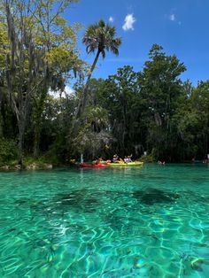 some people are kayaking in clear blue water