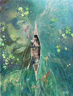 a painting of a man in a canoe floating on top of water with lily pads