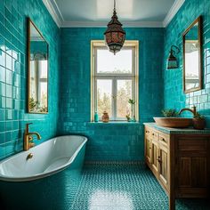 a bath room with a tub a sink and a window on the wall in it