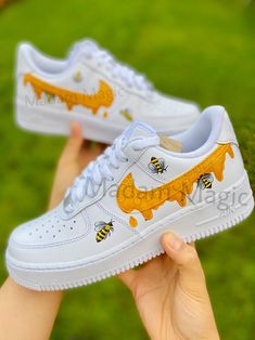 * Hand painted custom Air Force 1 07 Low * Not vinyl, stickers or patches * No returns, refunds or exchanges * Processing time is 2-3 weeks * I cannot expedite orders or make for a specific date * Delivery time depends on country * Cancellations up to 24 hours after purchase * Please try on shoes in a store to make sure you order the correct size * Please order correct size - if you order incorrect size this is your own responsibility * If you order a women's size it is possible you receive the men's option of the same size -the shoes will be the same only the number on the box will differ * Wipe clean only, no washing or picking * Shoes are 100% genuine and can be proven so * Shoes are bought from a genuine retailer, copy of original receipt of purchase can be provided upon request * If y Yellow Customizable Casual Sneakers, Casual Yellow Customizable Sneakers, Custom Sneakers Diy, Painted Nikes, Man Sneakers, Custom Shoes Diy, Diy Sneakers, Nike Shoes Air Force, Bee Honey