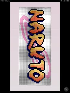 a cross stitch pattern with the word's name in orange and blue letters on it