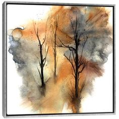 an abstract watercolor painting with trees in the background