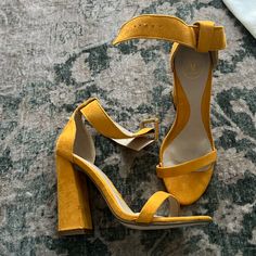 Mustard, Yellow Block Heels, Size 38 Never Worn Small Imperfection On Right Heel As Shown In Picture. Yellow Block Heels, Yellow Heels Outfit, Mustard Yellow Shoes, Mustard Yellow Heels, Yellow Strappy Heels, Yellow Heels, Heels Outfits, Beautiful Heels, Yellow Shoes