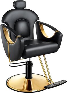 a black chair with gold trimmings and a remote control