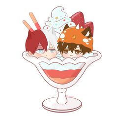 two anime characters are sitting in a bowl with ice cream and strawberries on top