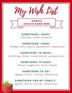 a christmas wish list with presents on the bottom and an image of a present in front