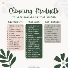 a poster with the words cleaning products to keep stock in your airbnb