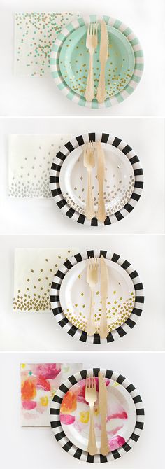 four different plates with gold and black dots on them, one has a fork in the middle