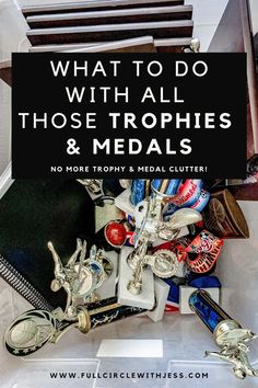 how to declutter trophies and medals. Trophy Storage Ideas, Trophy And Medal Display Ideas Diy, Kids Sports Pictures Display, Upcycle Old Trophies, Repurpose Trophies Ideas, Baseball Trophy Display Ideas, Trophy Organization, Bedroom Trophy Display Ideas, What To Do With Old Trophies