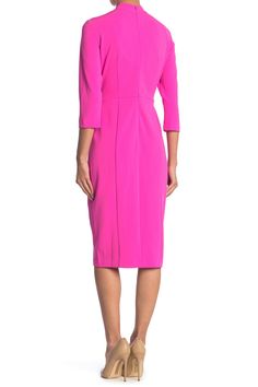 A twist neckline and sheath silhoutte with hidden back-zip closure unite to make the perfect day-to-night three-quarter sleeve dress. 96% polyester, 4% spandex Machine wash Imported Pink Fitted Midi Dress With Half Sleeves, Chic 3/4 Sleeve Bodycon Dress For Spring, Ruched 3/4 Sleeve Party Dress, Bodycon Midi Dress With 3/4 Sleeve For Spring, Spring Knee-length Ruched Long Sleeve Dress, Spring Bodycon Midi Dress With 3/4 Sleeves, Bodycon Midi Dress With 3/4 Sleeve, Pink 3/4 Sleeve Dress For Work, Pre-draped Ruched Sheath Dresses