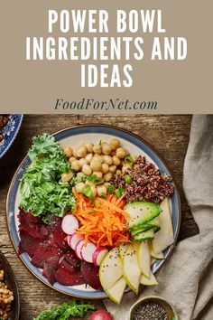 a bowl filled with vegetables and nuts on top of a table next to other foods