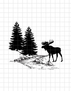 an image of a moose in the woods with trees on it's back ground