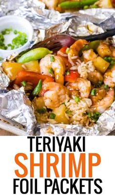 shrimp and vegetable foil packets with text overlay