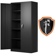 a black cabinet with an orange shield over it