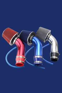 three different types of air intakes are shown in this image, one is blue and the other is red