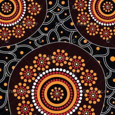 an abstract design with circles and dots in orange, white, and brown colors on a black background