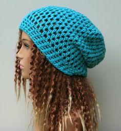 Soft turquoise slouchy beanie hat, small Dread Tam hat, summer Slouchy Beanie, Hippie Snood Hat women slouch hat Small Dreads, Festival Hats, Tam Hat, Crochet Garments, Soft Turquoise, Crochet Beret, Slouchy Beanie Hat, Bonnet Crochet, Quick Crafts