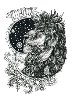 a drawing of a lion with long hair and stars in the sky, surrounded by flowers