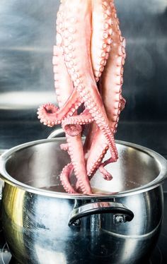 an octopus is cooking in a pot on the stove