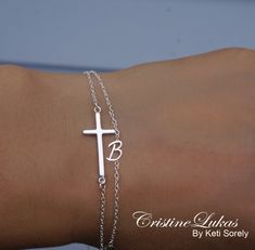 "Layered cross bracelet or anklet with script single initial. This stacking bracelet will be meaningful and fashionable gift for any woman. Bracelet or anklet can be made from sterling Silver or solid gold of 10K, 14K or 18K. Amazing look for casual or formal wear. Perfect for Christmas, birthdays, Mother's day, bridesmaids and etc. Metal options: - Sterling Silver - Sterling Silver with yellow Gold overlay - Sterling Silver with rose Gold overlay - 10K solid Gold (Yellow, Rose or White) - 14K s Elegant Personalized Cross Bracelets, Initial Bracelet Silver, Handwriting Necklace Custom, Handwriting Necklace, Sterling Silver Rings Set, Black Onyx Necklace, Ankle Chain, Letter Bracelet, Gold Overlay