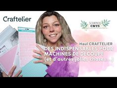 a woman is holding some kind of crafting supplies in front of her face and the words, des indispensables pour machines de decouppe