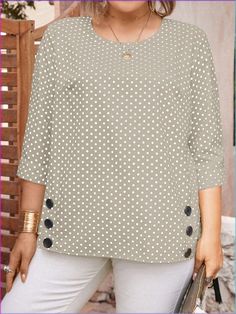 Plus Size Polka Dot Printed Round Neck Button Decor Casual Shirt Light Grey Casual  Three Quarter Length Sleeve Woven Fabric Geometric,Polka Dot Top Non-Stretch  Women Plus Clothing, size features are:Bust: ,Length: ,Sleeve Length: