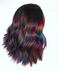 Oil Slick Underneath Hair, Dark Brown Rainbow Hair, Dark Brown Hair With Rainbow Highlights, Oil Slick Balayage, Brown Oil Slick Hair, Rainbow Highlights In Brown Hair, Ethereal Hair Color, Brown Hair Colored Tips, Dark Hair Peekaboo Color