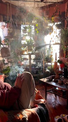 a person sitting on a couch in a room with lots of potted plants