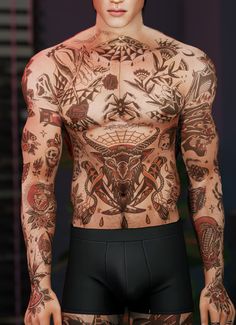 a man with tattoos on his body and chest