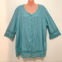 Nwot Blair Light Turquoise Round Neck Blouse With 3/4 Length Sleeves. Crochet Trim On Sleeves And Hem Line. Pintucks On From And Back. 100% Rayon. Size Large ***Color May Vary Approx Measurements Laying Flat: Pit To Pit 24” Length 29” Womens Ladies Juniors Casual Dressy Spring Summer Tops Shirts Blouses Career Turquoise Short Sleeve Tops For Spring, Blue Bohemian Tops For Daywear, Bohemian Blue Tops For Daywear, Turquoise Long Sleeve Beach Top, Turquoise Long Sleeve Top For Summer, Turquoise Long Sleeve Tops For Vacation, Long Sleeve Turquoise Tops For Vacation, Turquoise Blouse, Round Neck Blouse