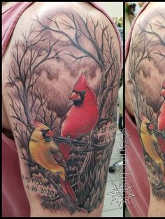 two red and yellow birds sitting on the branches of a tree in front of a full sleeve tattoo