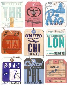 an assortment of luggage tags from the 1950's and 1960s's