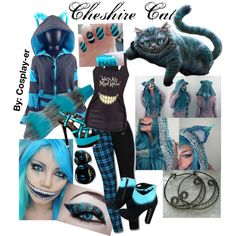 a collage of photos with blue hair and cat makeup, including cats'head