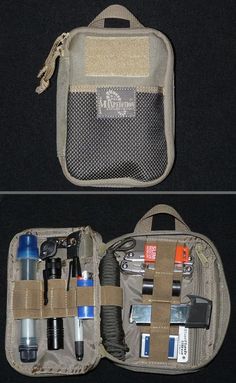 the contents of an outdoor survival kit are shown in two separate images, one is open and the other has tools inside