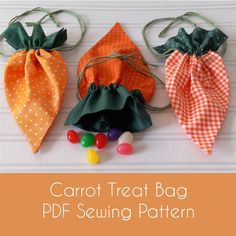 "This listing is for the CARROT TREAT BAG SEWING PATTERN - not the finished item This sewing project works up fast!  Easy enough for a beginner!   Pattern pieces are included in PDFnot measuring involved - just trace, cut and sew Treat bag is 8\" tall by 5\" at the widest part of carrot. ----------------------------------------------------------------- Once you have paid, you will be able to  download this PDF file instantly Level: Easy - Intermediate You will need 2 pieces of \"carrot\" fabric that are 8\"x8\" and 2 pieces of \"leaf\" fabric 7.5\" x 5.5\" Ribbon or yarn for drawstring Pdf file contains 10 pages of instructions and pictures.  Not intended for use as a toy for children under the age of 3 because of small parts. Thank you and if need any help you can always contact me throug Fabric Easter Basket Pattern, Easter Treat Bags, Bag Sewing Pattern, Easter Fabric, Spring Easter Crafts, Snowmen Patterns, Felt Pattern, Bag Sewing, Small Sewing Projects