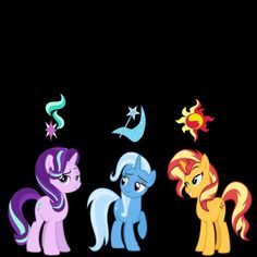 three little ponys standing next to each other in front of a black background with stars