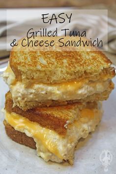 grilled tuna and cheese sandwich stacked on top of each other with text overlay