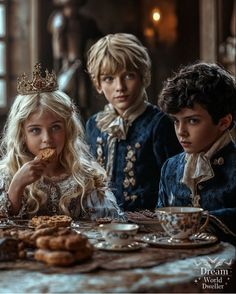 three children sitting at a table with cookies in front of them