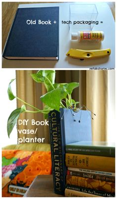 an old book has been turned into a planter for books to grow in it