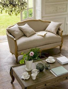 a living room with a couch, coffee table and potted plant