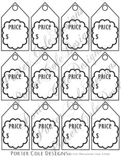 printable price tags with black and white designs on the front, one for each price