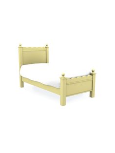 a white bed with a wooden headboard and foot board on it's side