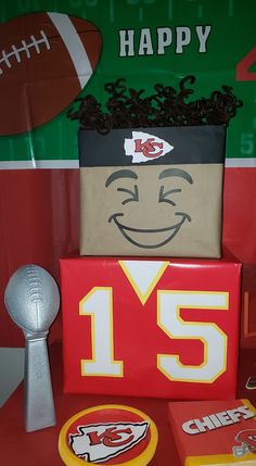 a football themed birthday party with paper bags and candy bar wrappers for the number 15