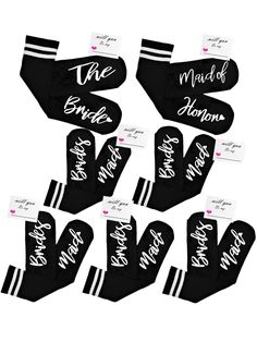 six pairs of black socks with the words maid of mom written on them in white lettering