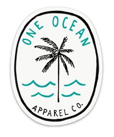 the logo for one ocean apparel co, with a palm tree in the center and waves around it