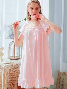 Color: Pink, Size: XL White Cotton Pajamas, Short Night Dress, Bridal Nightgown, Cotton Loungewear, Cotton Lingerie, Night Dresses, Pajama Dress, Night Dress For Women, Summer Home